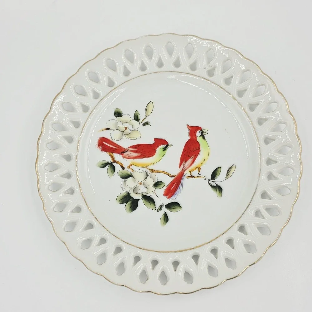 Vintage Cardinal Reticulated Display Plate Bird Collector Japan 8